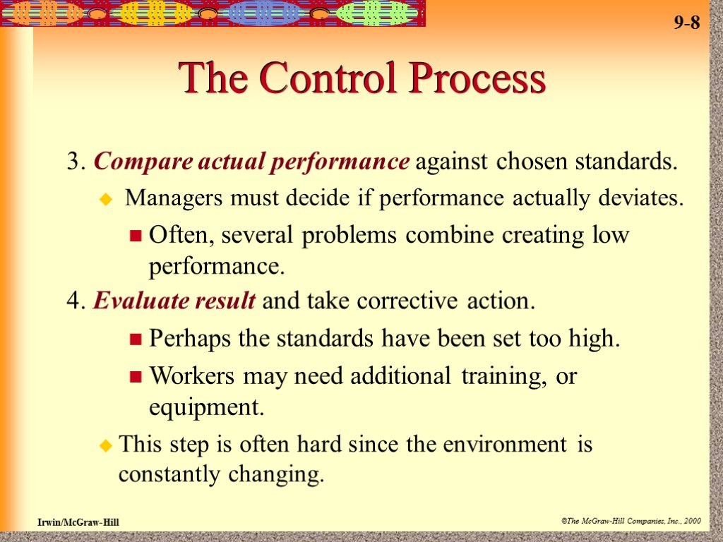 The Control Process 3. Compare actual performance against chosen standards. Managers must decide if